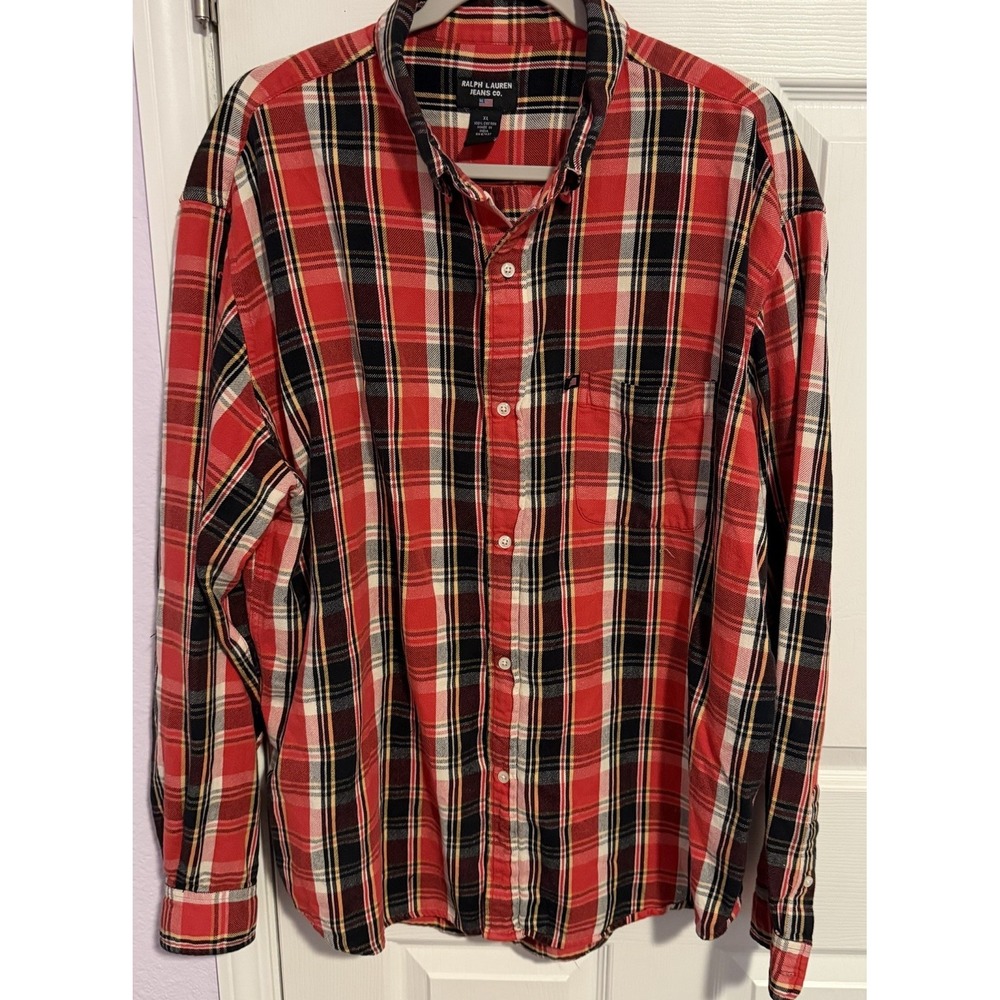 Vtg Ralph Lauren Jeans Co. Flannel Shirt Men XL Red Plaid 100% Cotton Cabincore